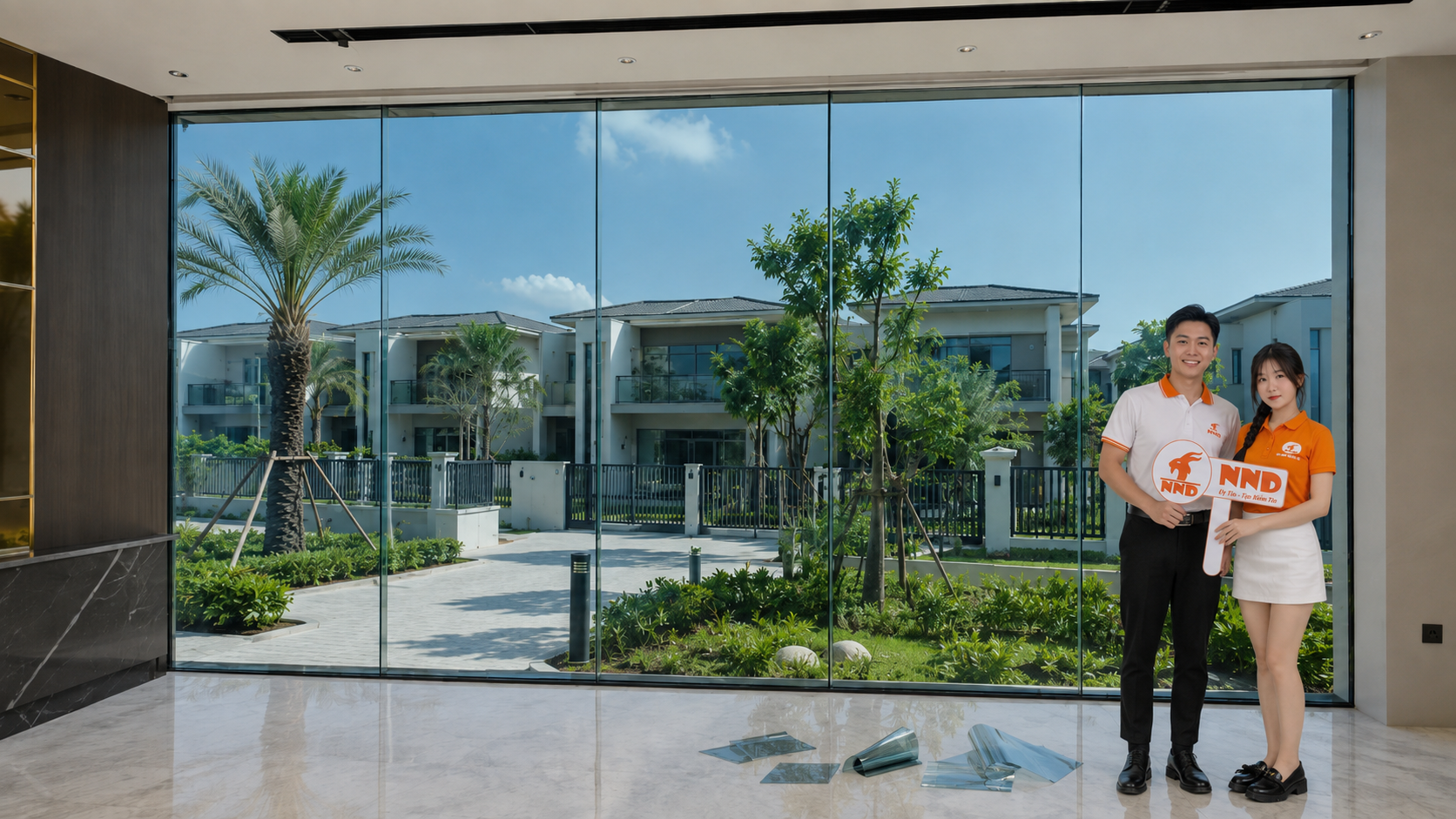 Hệ kính sau khi dán phim cách nhiệt nhà kính, giúp ánh sáng dịu hơn và vẫn giữ view bên ngoài.