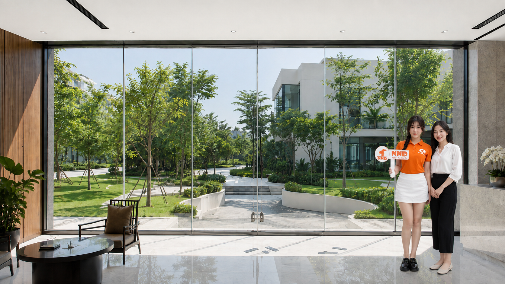 Hệ kính biệt thự sau khi dán phim cách nhiệt, không gian vẫn sáng và giữ được tầm nhìn sân vườn.