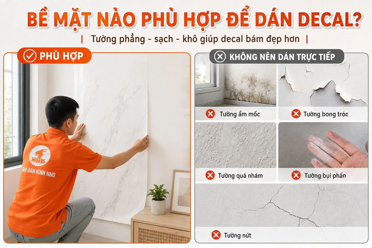 Bề mặt tường phù hợp để dán decal dán tường