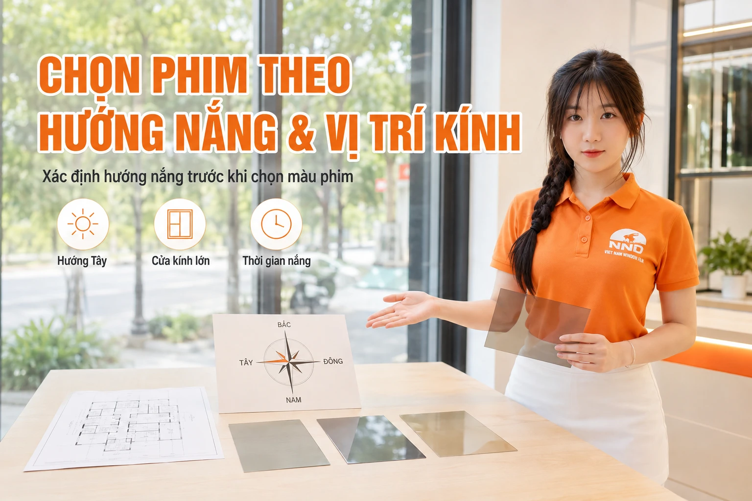 Nhân viên NND hướng dẫn chọn phim cách nhiệt theo hướng nắng và vị trí kính