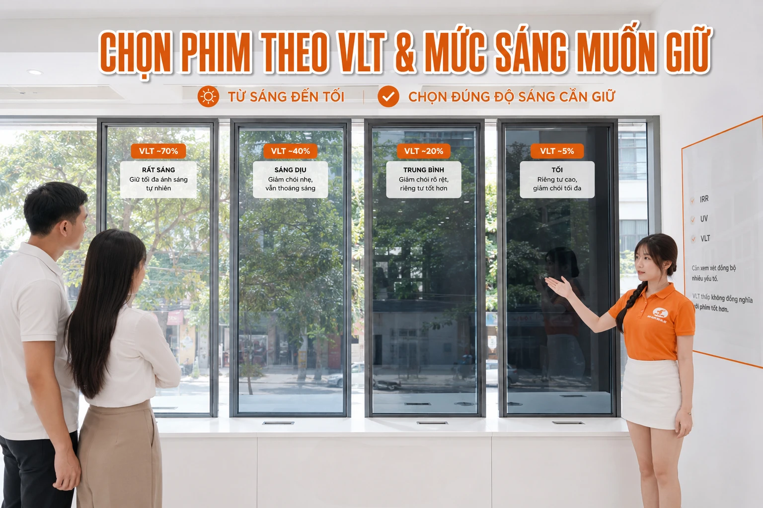 So sánh phim cách nhiệt theo chỉ số VLT từ 70 phần trăm đến 5 phần trăm