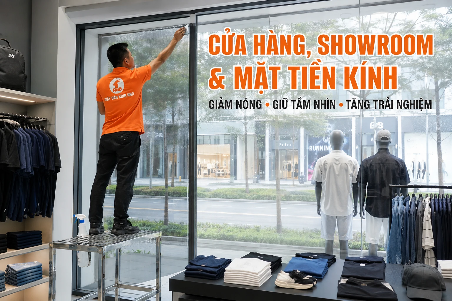 Thợ NND dán phim cách nhiệt cho cửa hàng showroom và mặt tiền kính