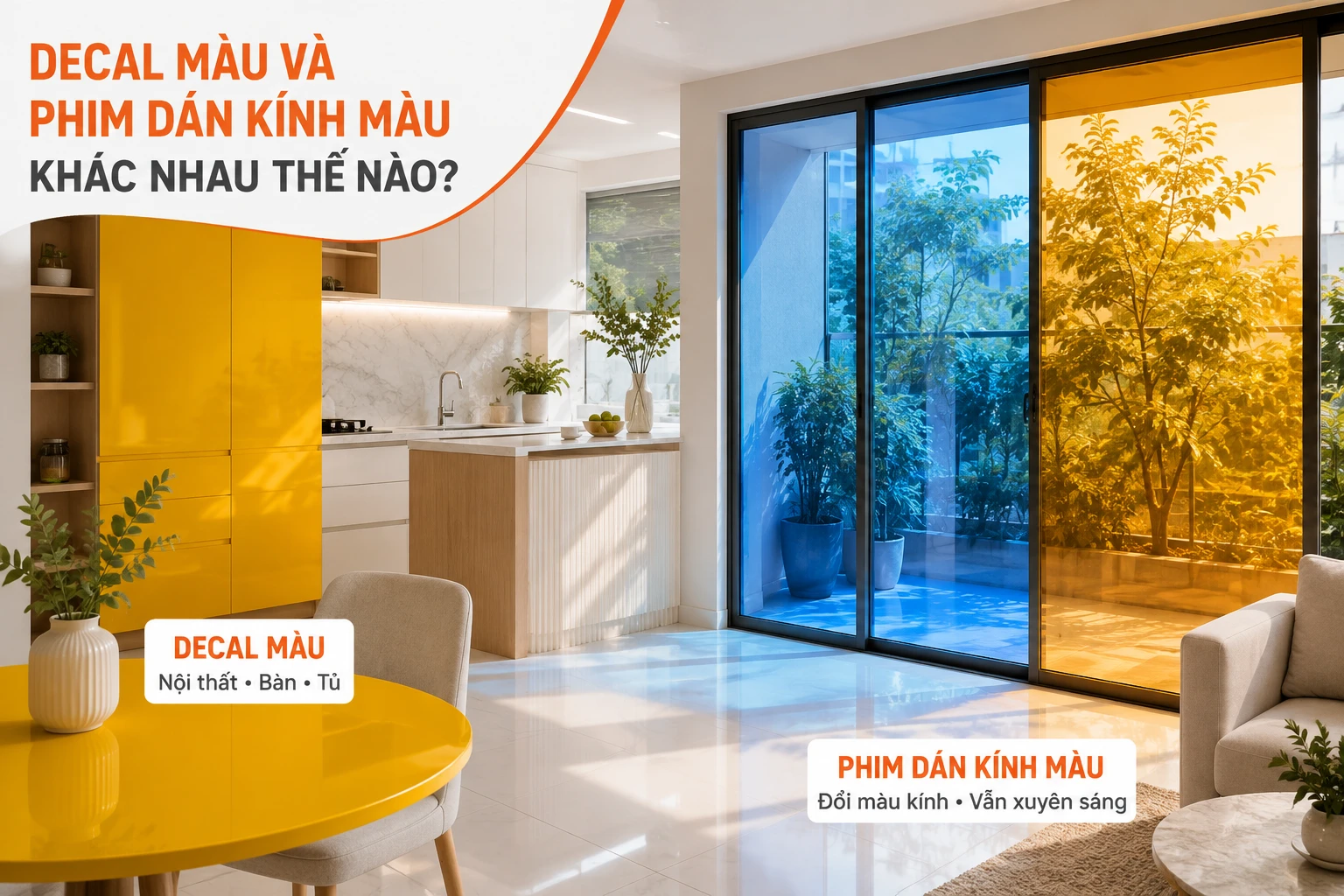 So sánh decal màu và phim dán kính màu trên bề mặt kính