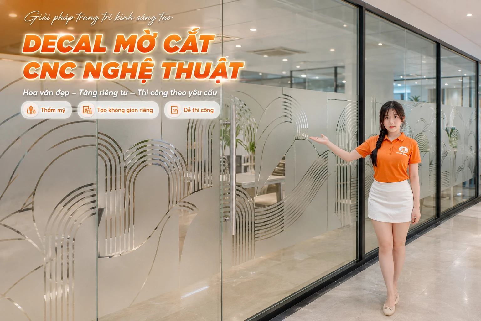 Decal mờ cắt CNC nghệ thuật dán kính văn phòng.