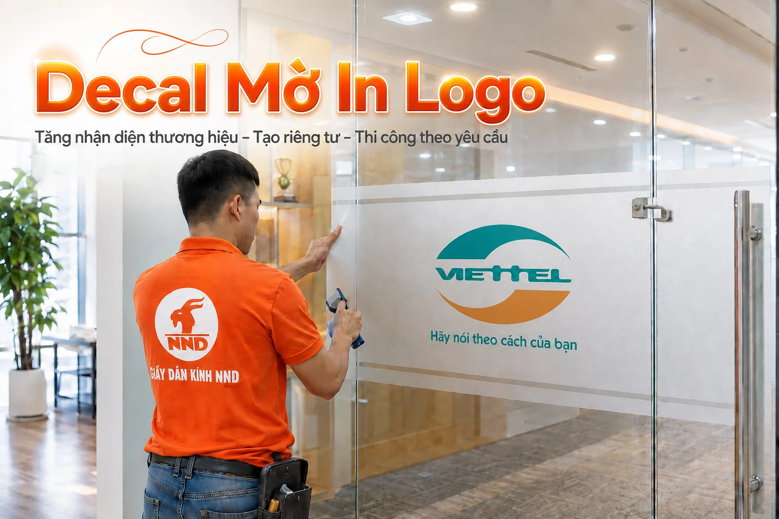 Mẫu in logo trên decal mờ dán kính văn phòng