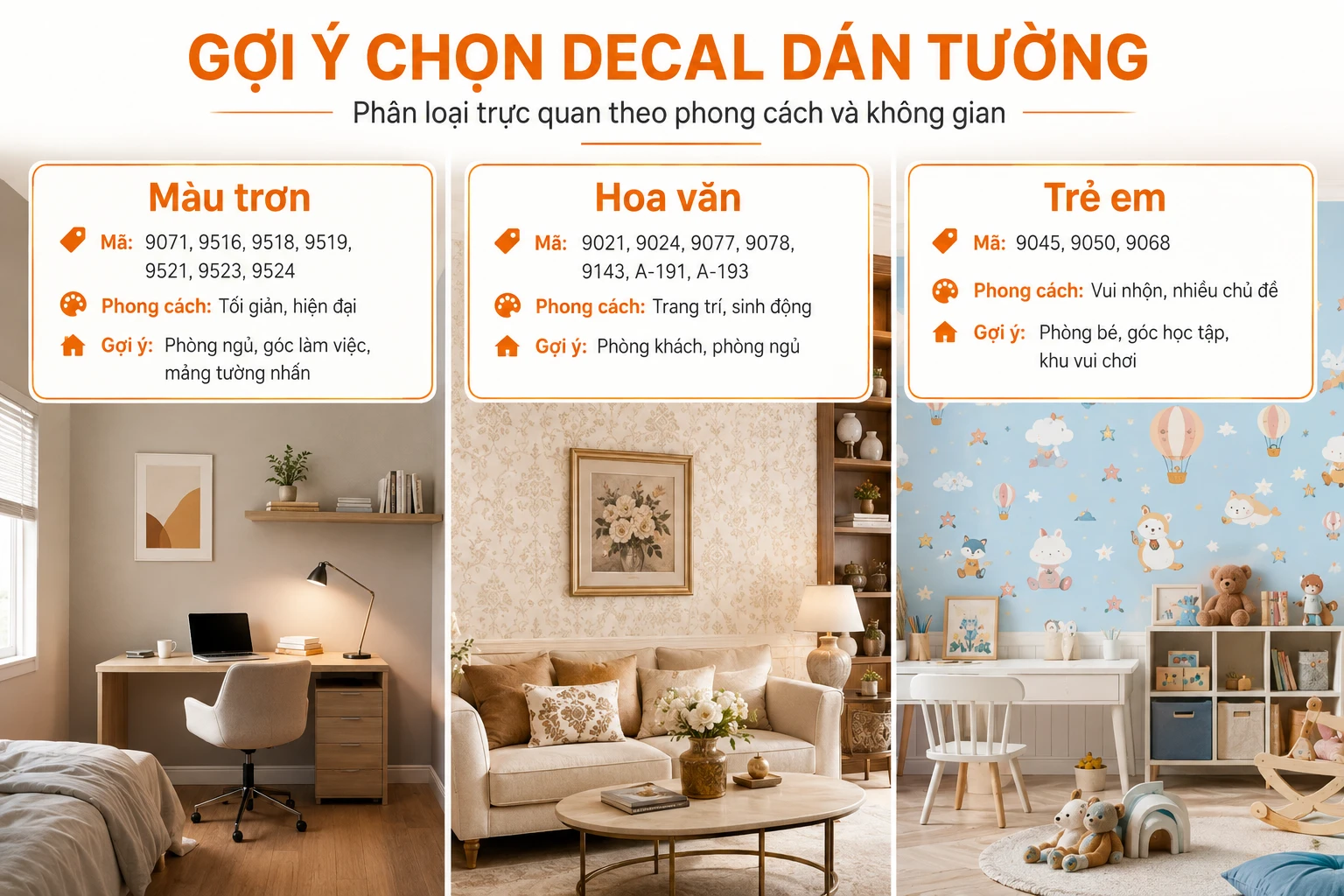 Gợi ý chọn decal dán tường màu trơn, hoa văn và trẻ em
