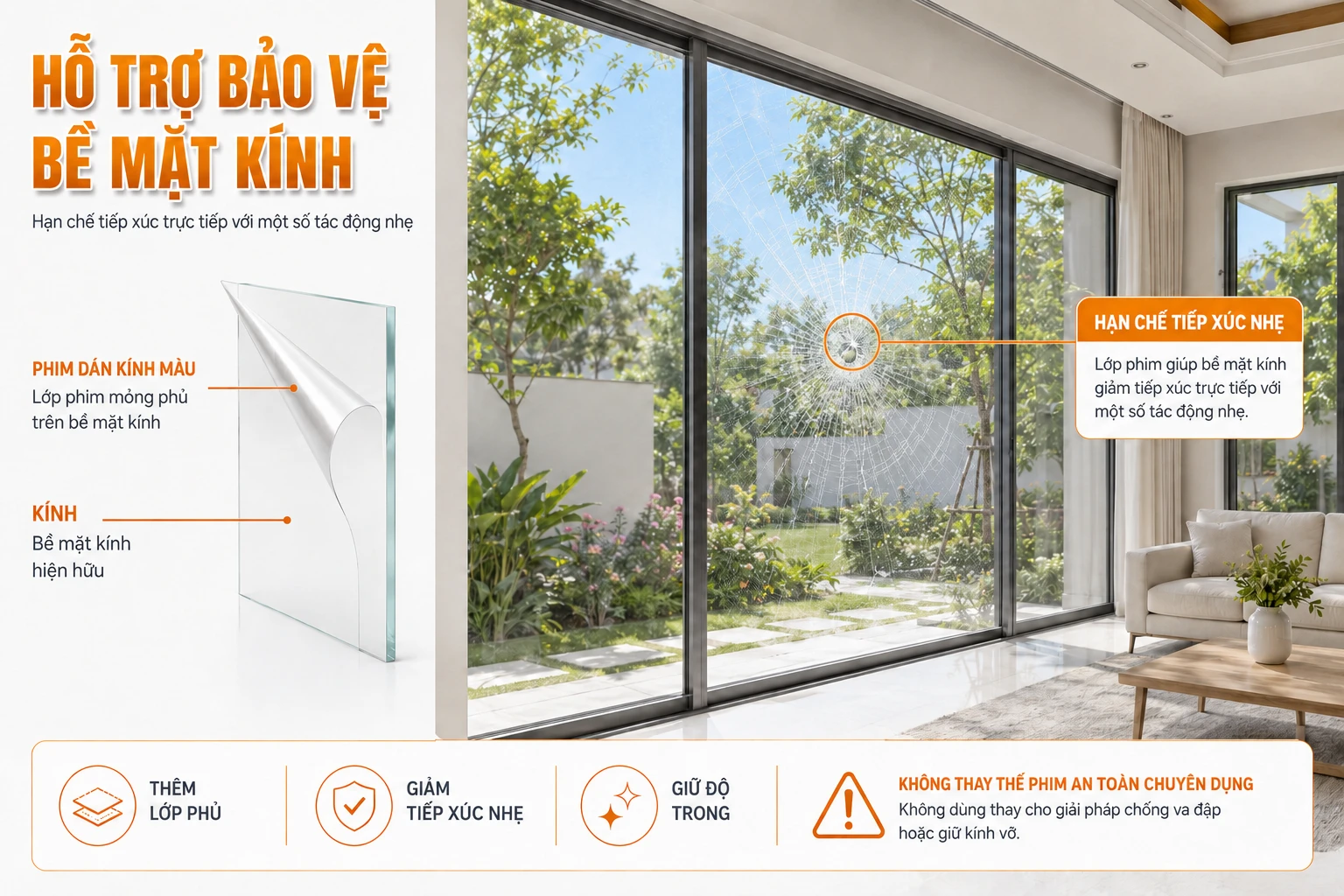 Lớp vật liệu dán hỗ trợ hạn chế tiếp xúc nhẹ với bề mặt kính
