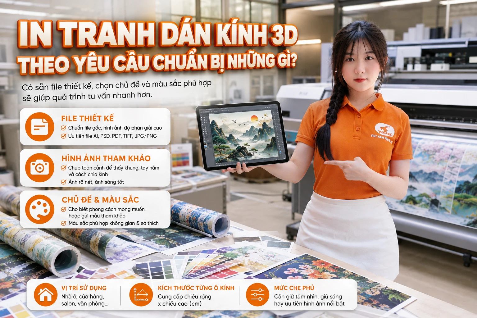 Chuẩn bị file rõ nét, ảnh hiện trạng, kích thước từng ô kính và yêu cầu che phủ giúp tư vấn nhanh, chính xác hơn.