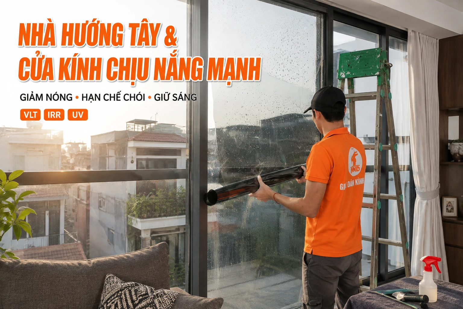 Thợ NND thi công phim cách nhiệt cho cửa kính nhà hướng Tây chịu nắng mạnh