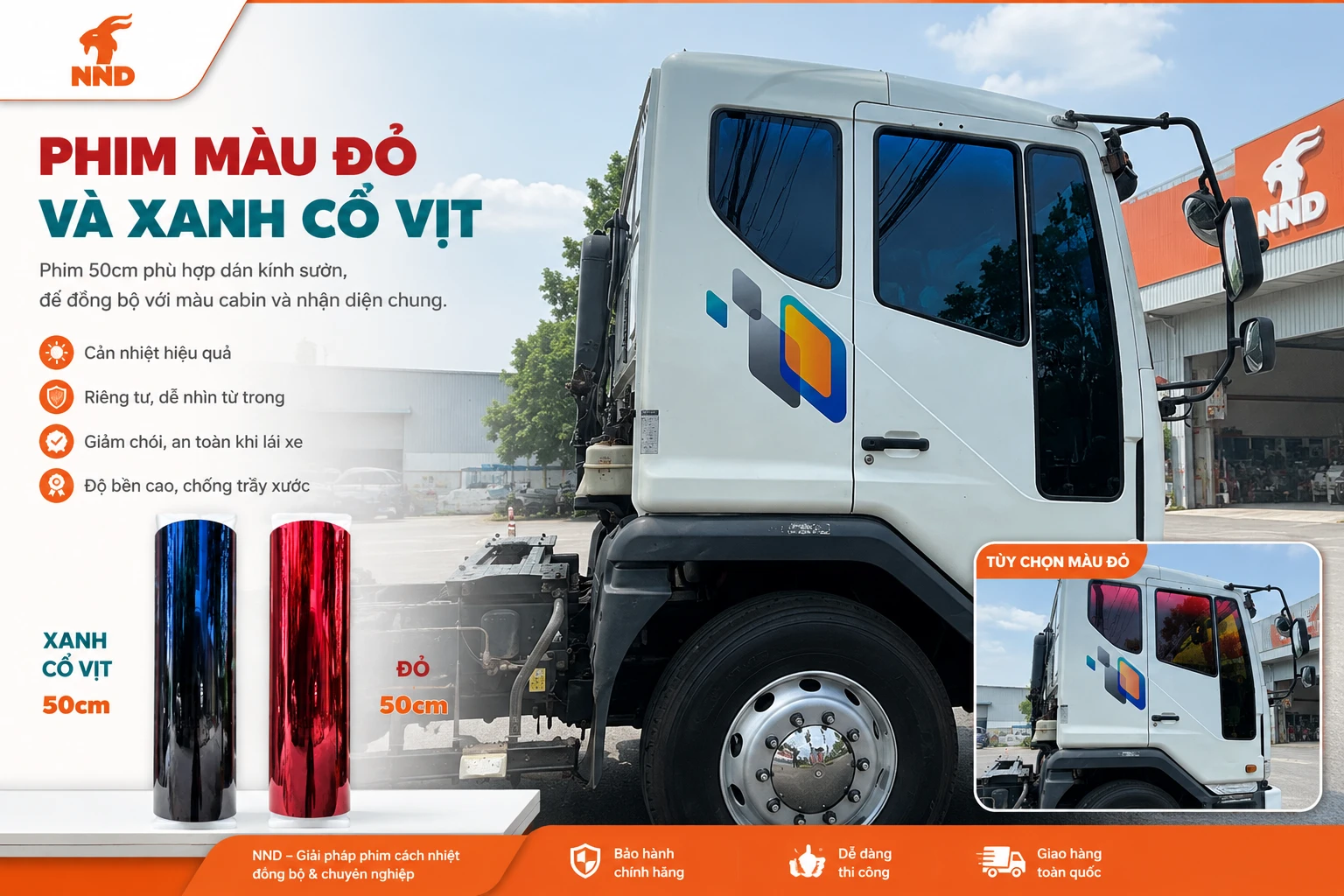 Phim xe tải XT50 màu đỏ và xanh cổ vịt cho kính sườn