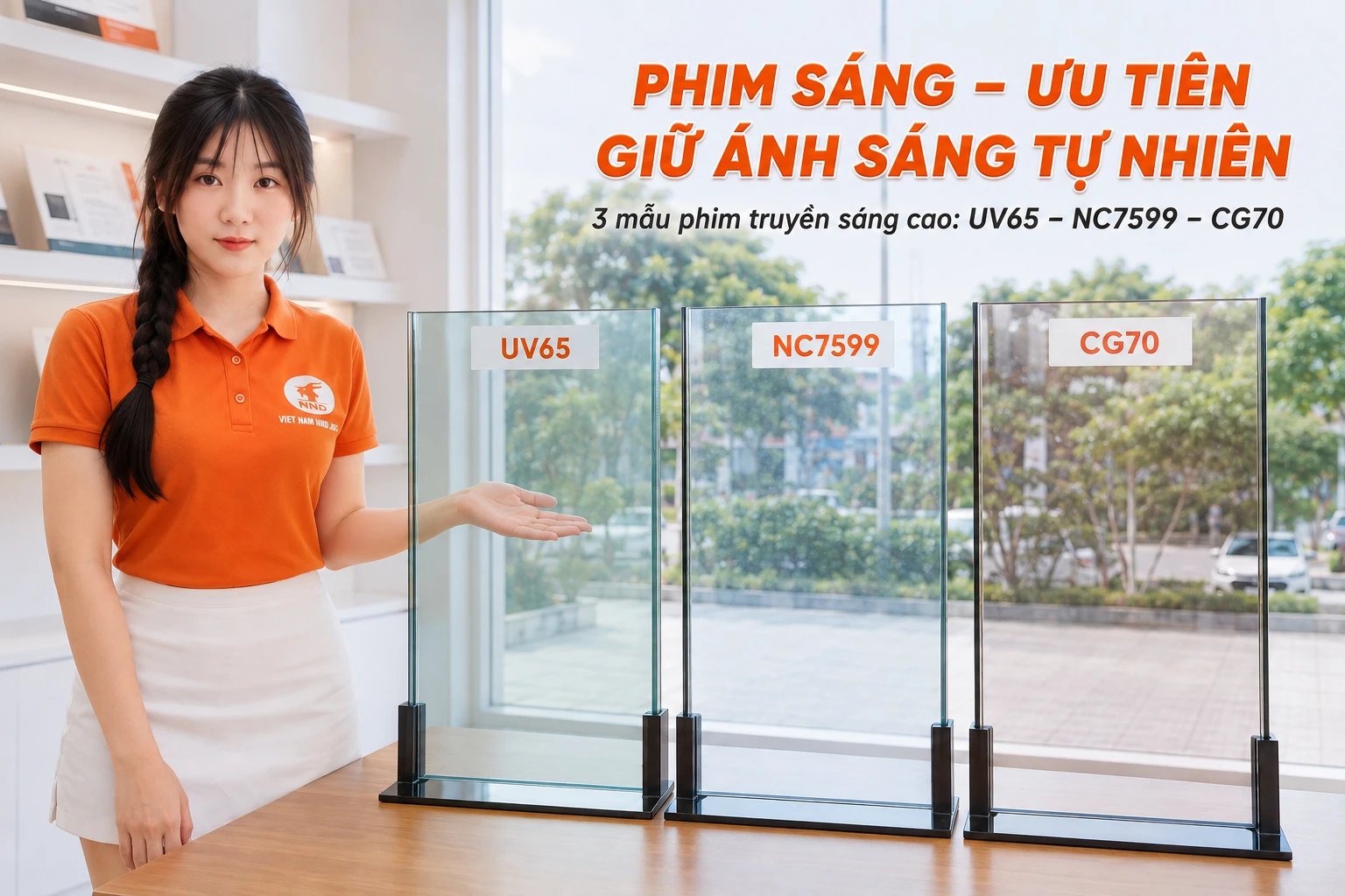Mẫu phim cách nhiệt sáng UV65 NC7599 và CG70 giữ ánh sáng tự nhiên