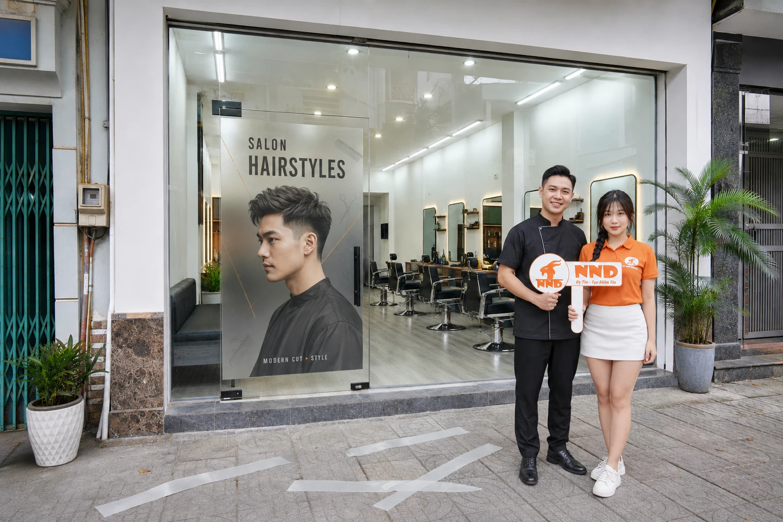 Cửa kính salon nam sau khi dán decal mẫu tóc Nam