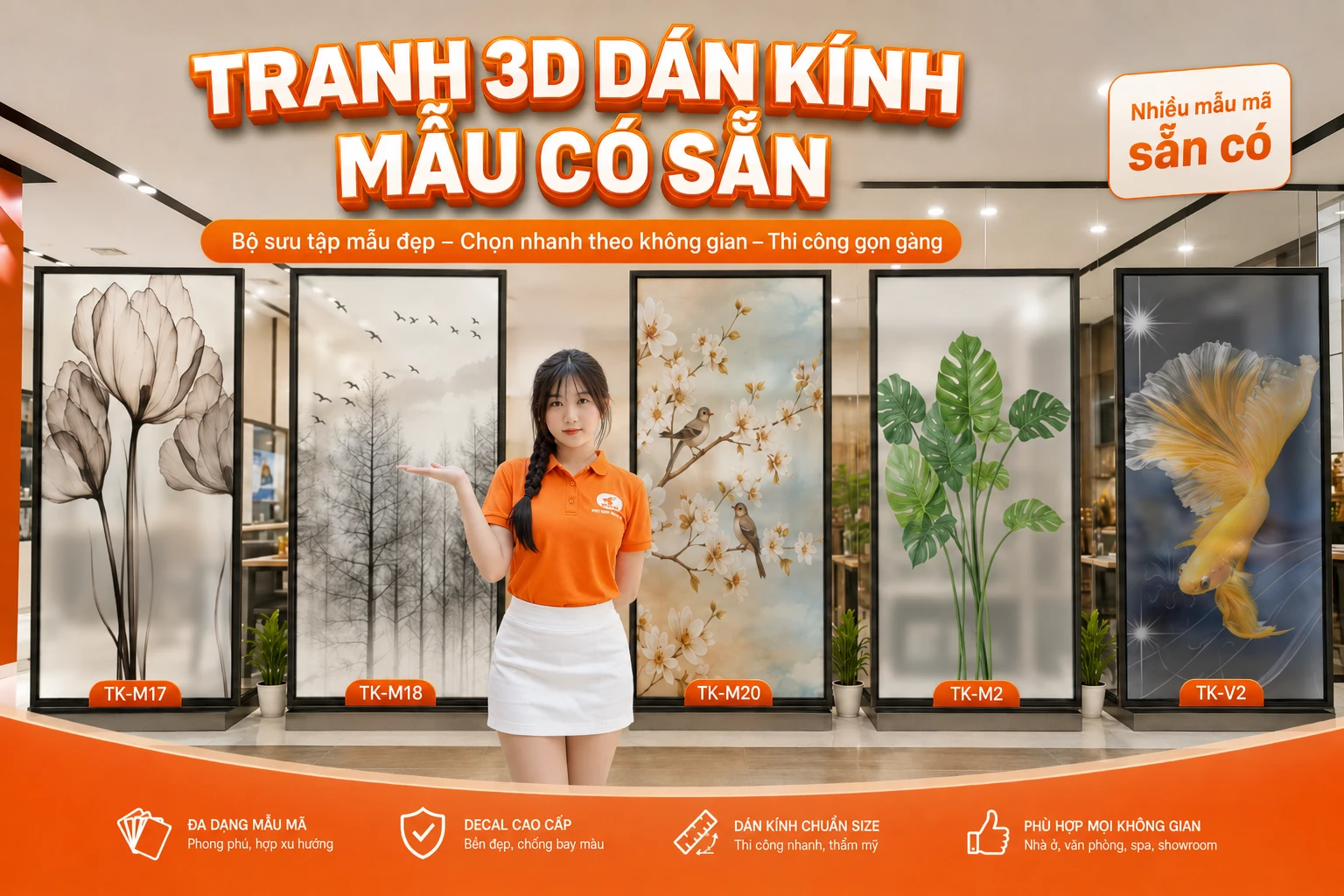Tranh 3D dán kính mẫu có sẵn giúp khách hàng lựa chọn nhanh giữa nhiều chủ đề như hoa sen, cá nghệ thuật, hoa lá và phong cảnh. Sản phẩm vừa tạo điểm nhấn cho nội thất vừa hỗ trợ che mờ tầm nhìn phía sau kính.