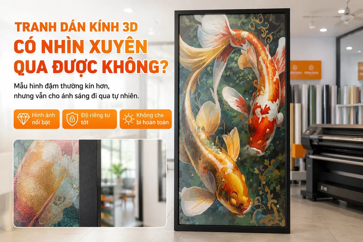 Tranh dán kính 3D cá chép họa tiết đậm giúp giảm tầm nhìn qua vách kính