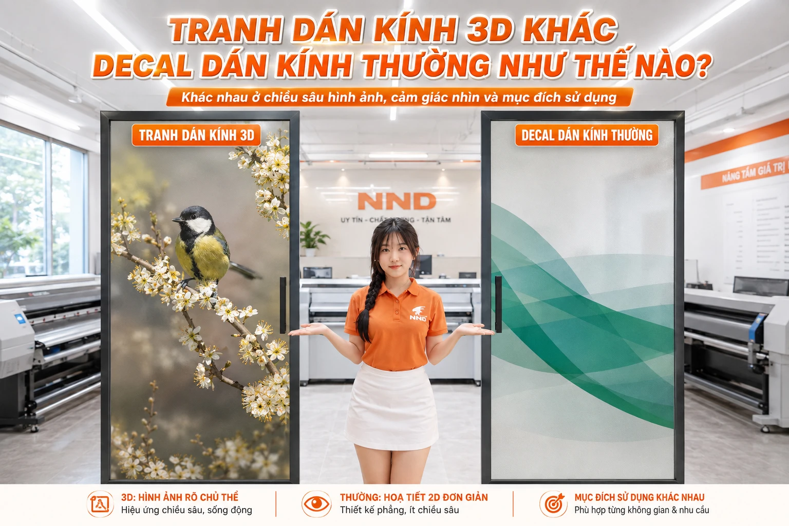 Tranh 3D nhấn mạnh chủ thể và chiều sâu; decal thông thường thiên về họa tiết phẳng, đơn giản.