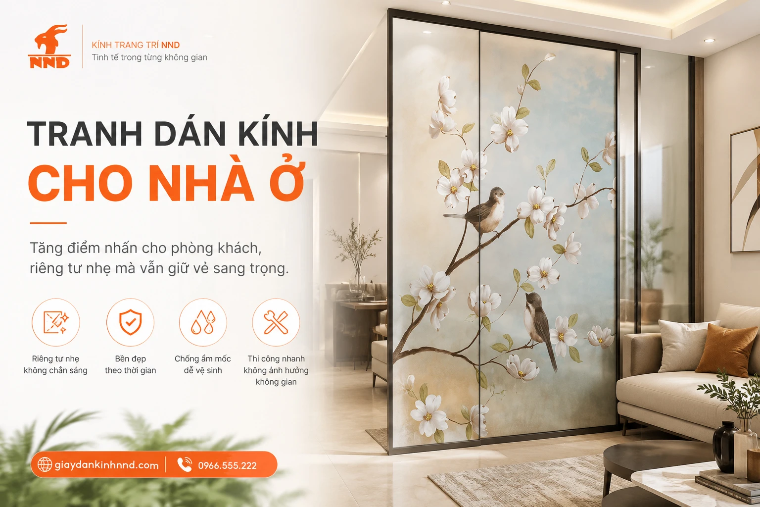 Tạo điểm nhấn cho phòng khách, cửa lùa và vách ngăn mà vẫn giữ cảm giác sáng, sang trọng.