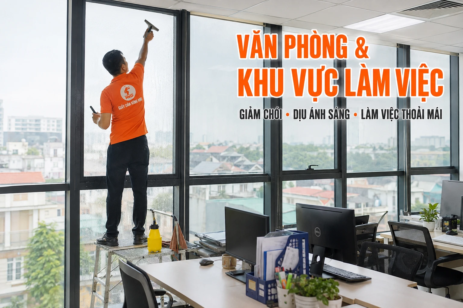 Thợ NND thi công phim cách nhiệt cho cửa kính văn phòng và khu làm việc