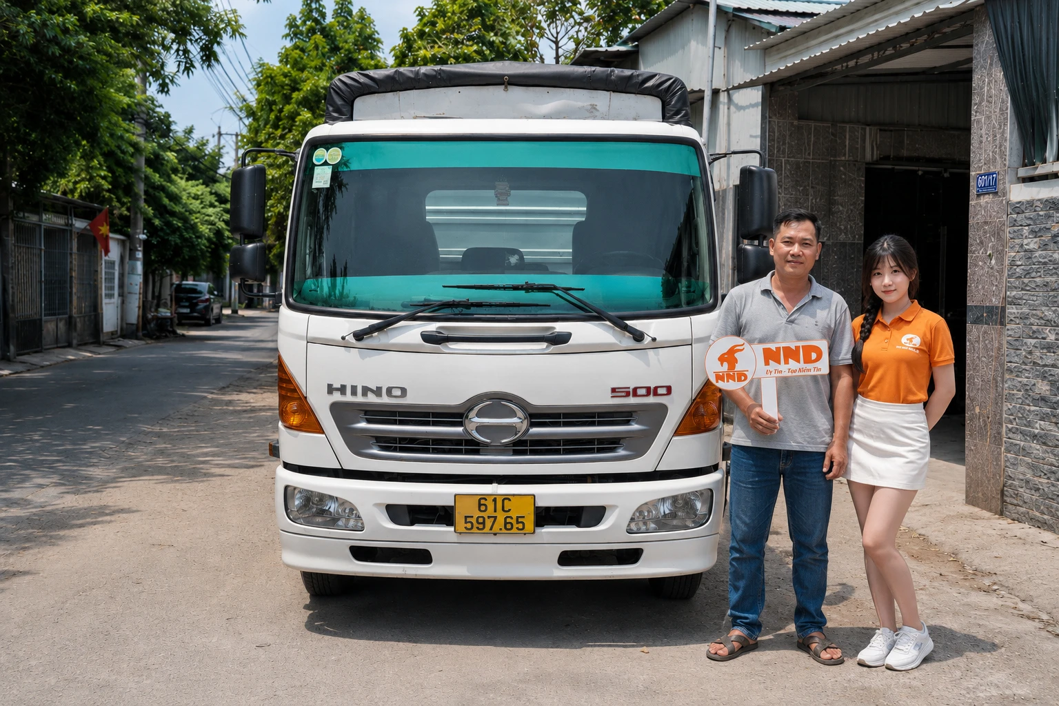 Xe tải Hino 500 sau khi dán phim cách nhiệt kính lái XT20-1 màu xanh lá
