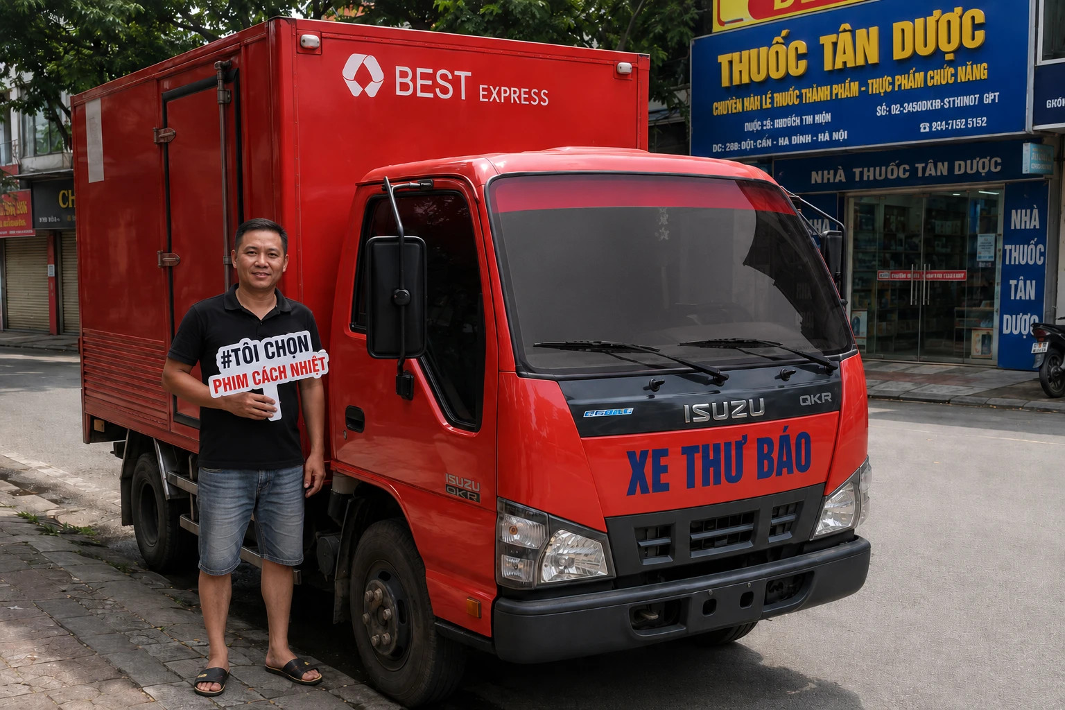 Isuzu QKR sau khi dán phim cách nhiệt kính lái XT20-3 màu hồng tại Đội Cấn Hà Nội