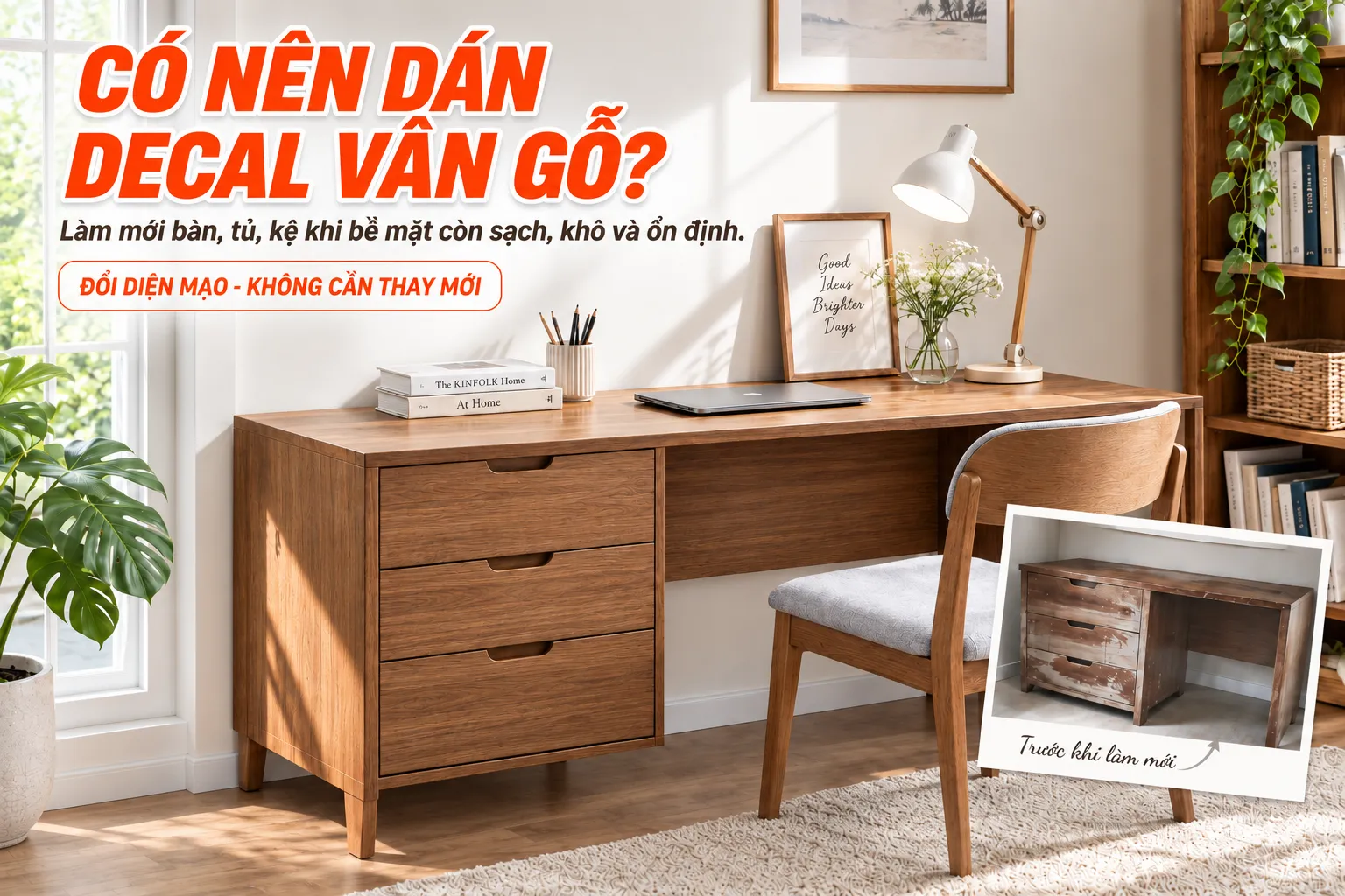 Bàn làm việc cũ được làm mới bằng decal vân gỗ khi bề mặt còn chắc và ổn định