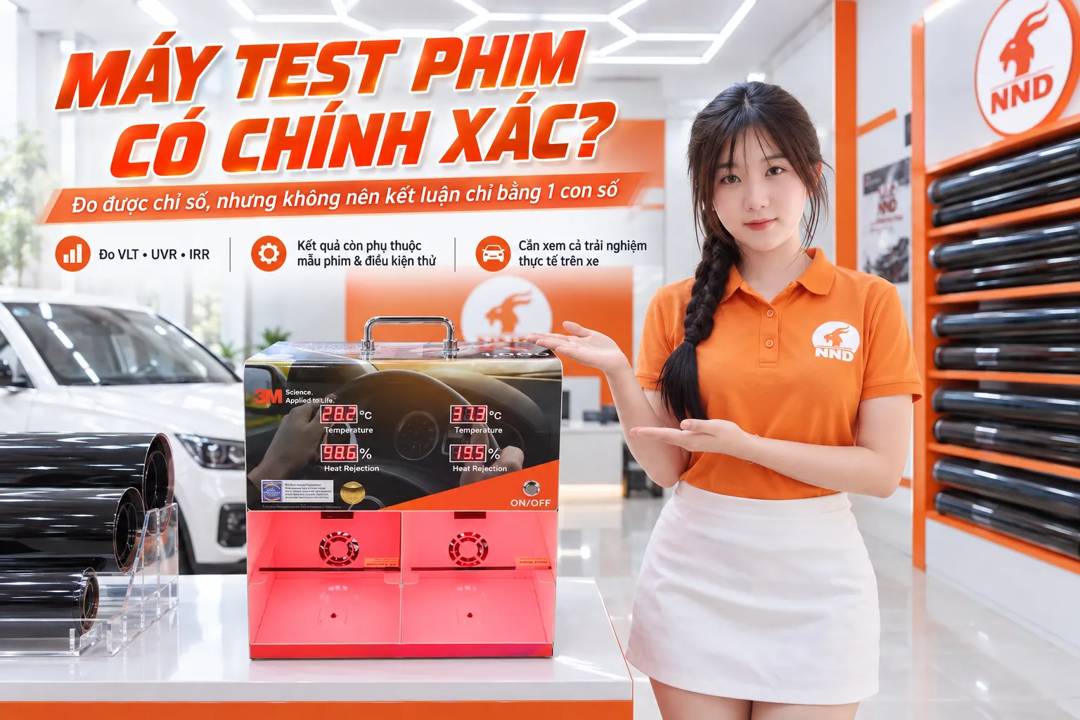 Nhân viên NND giới thiệu máy test phim cách nhiệt ô tô và các chỉ số VLT UVR IRR