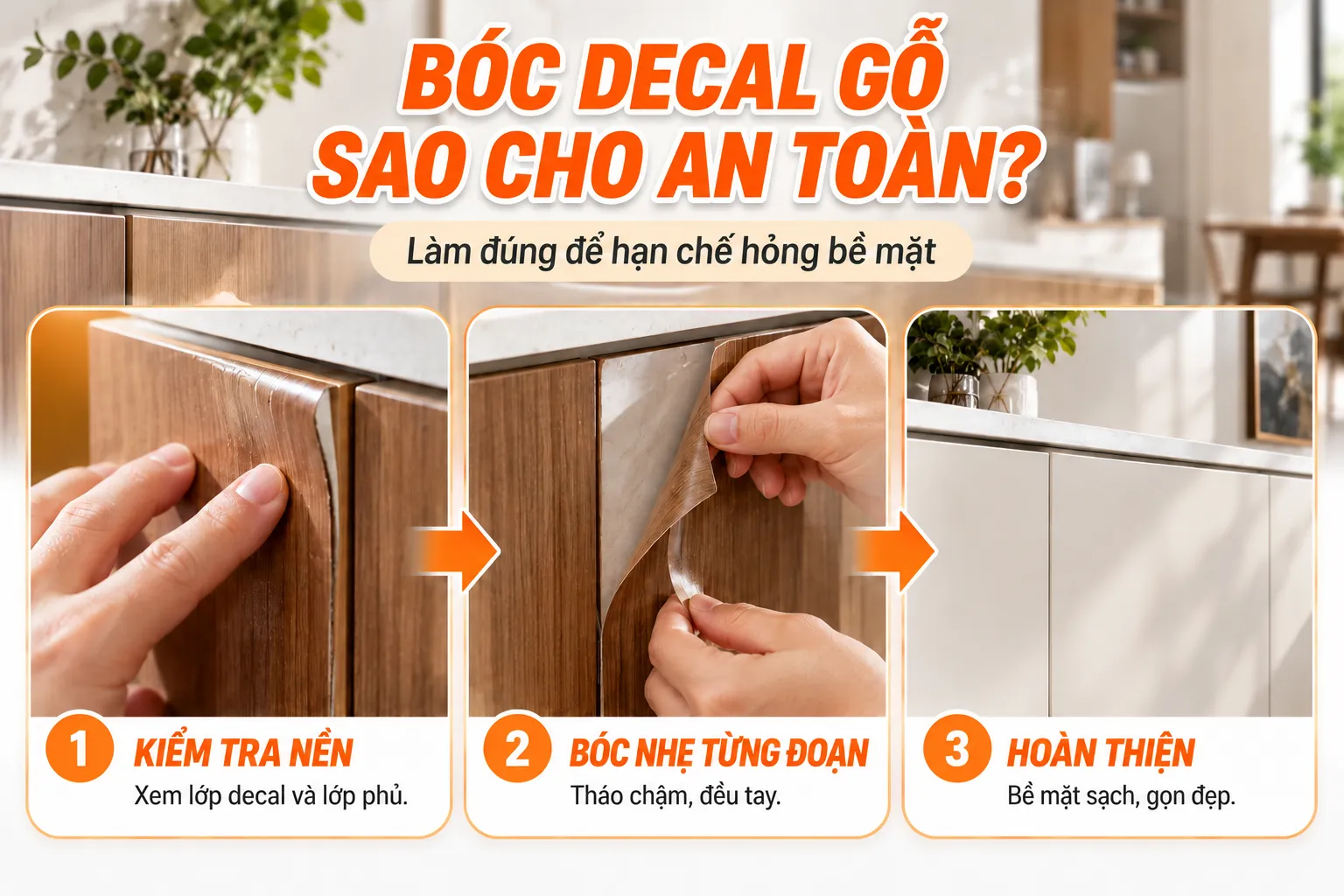 Cách bóc decal vân gỗ từng đoạn để hạn chế làm hỏng bề mặt tủ