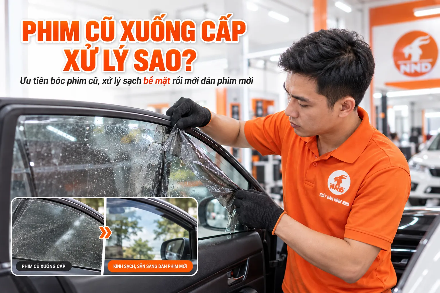 Kỹ thuật viên NND bóc phim cách nhiệt ô tô cũ xuống cấp trước khi dán phim mới