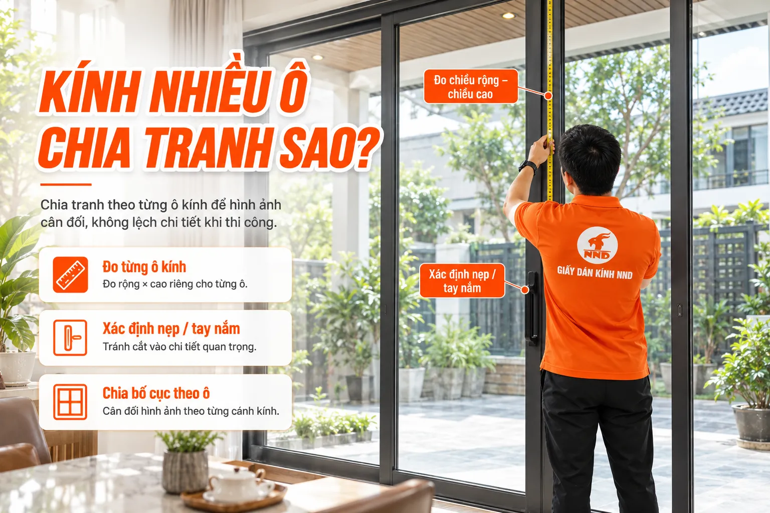 Thợ NND đo chiều rộng chiều cao từng ô kính và xác định vị trí nẹp tay nắm trước khi chia tranh 3D