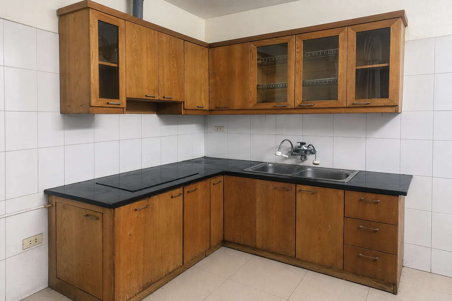 Tủ bếp gỗ cũ xuống màu và trầy xước trước khi làm mới bằng decal vân gỗ