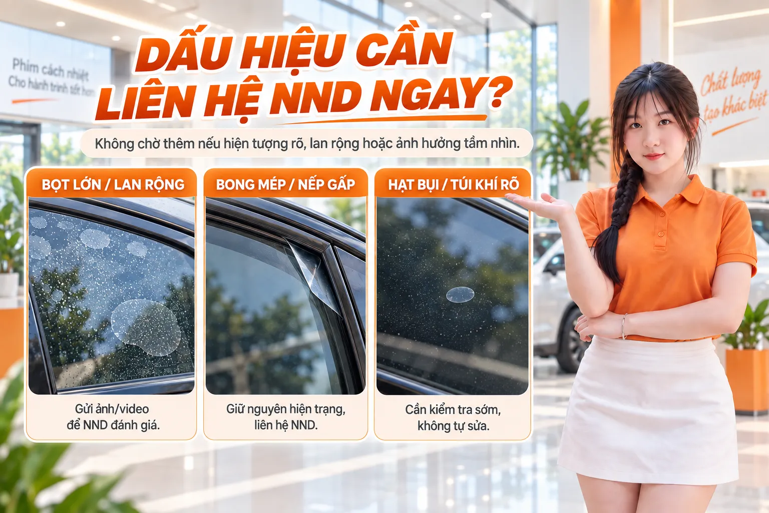 Dấu hiệu cần liên hệ NND khi phim cách nhiệt ô tô xuất hiện bọt lớn bong mép hoặc túi khí rõ