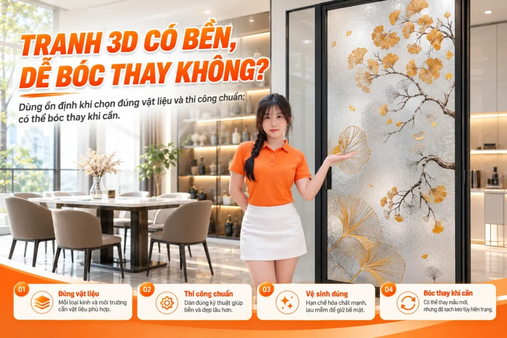 Tranh dán kính 3D có bền và dễ bóc thay khi cần không