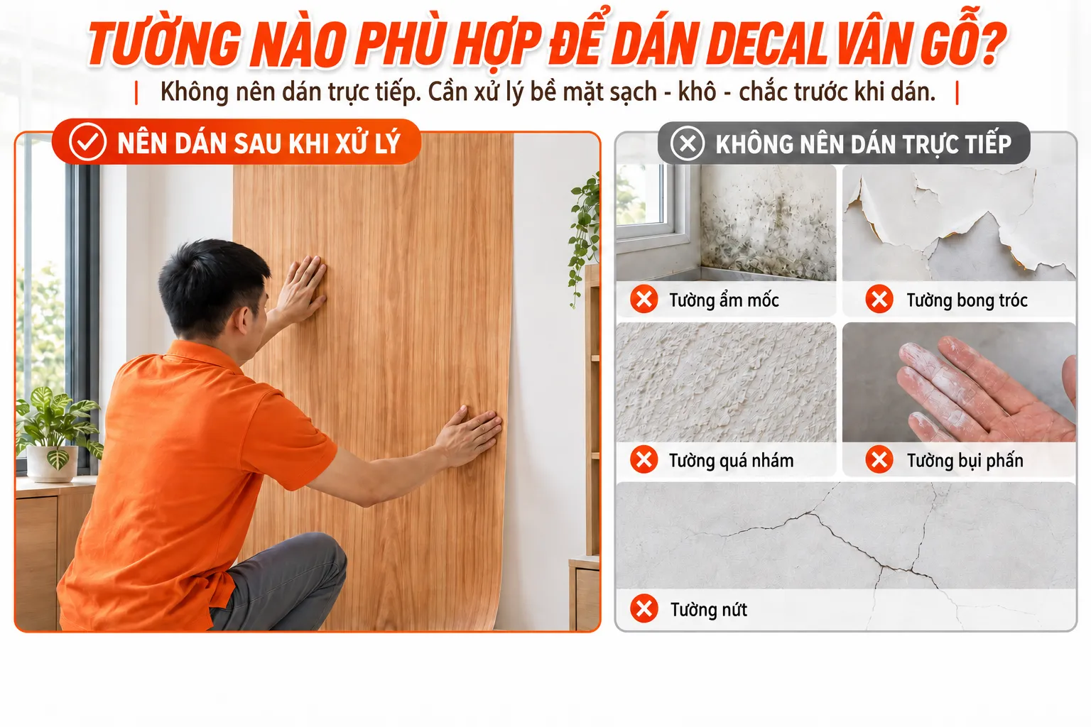 So sánh tường phù hợp và không phù hợp để dán decal vân gỗ khi có ẩm mốc bong tróc hoặc nứt