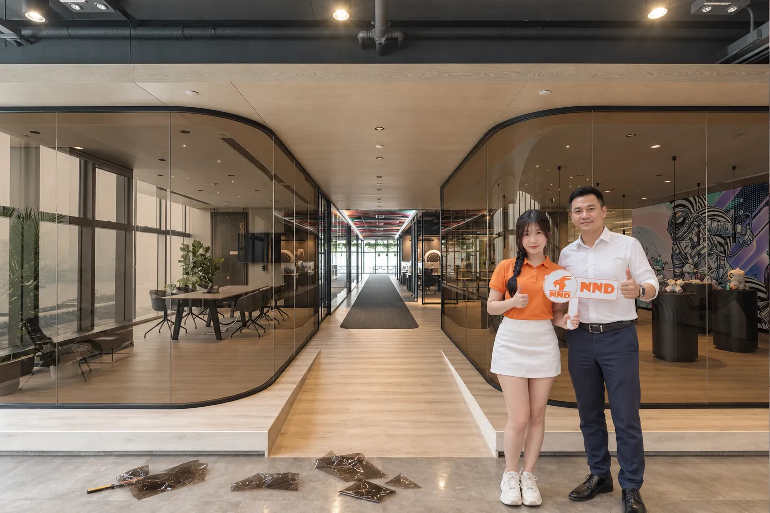Vách kính văn phòng sau khi dán phim màu trà BC-20T tại NND