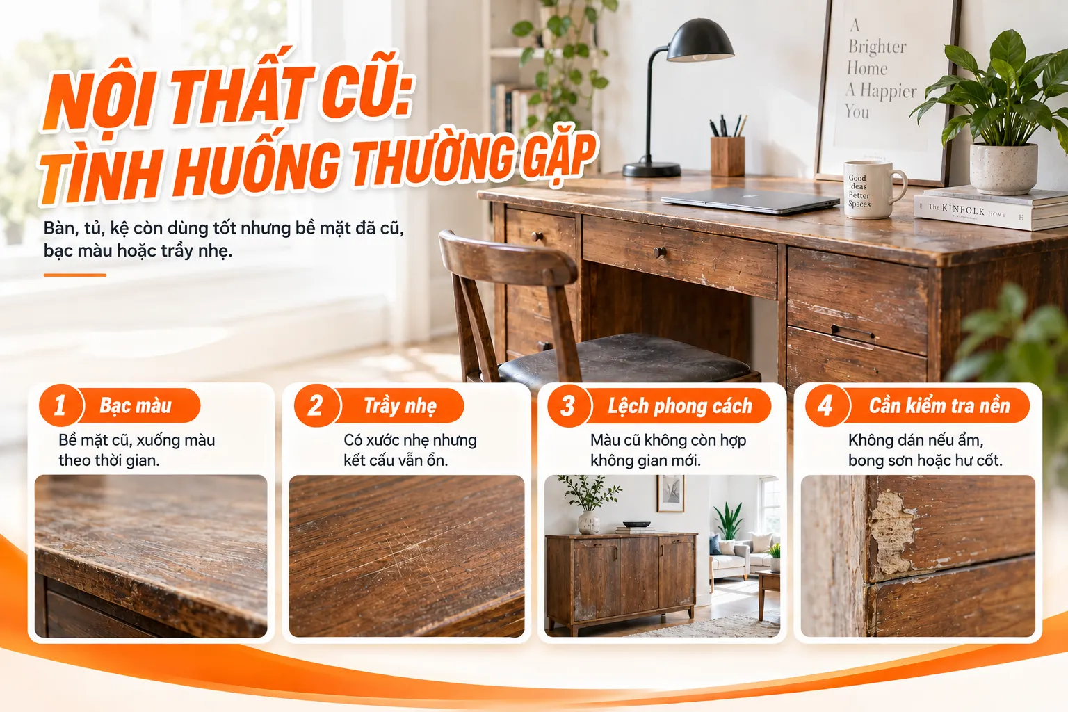 Bàn tủ kệ nội thất cũ bị bạc màu trầy xước và cần kiểm tra bề mặt trước khi dán decal vân gỗ