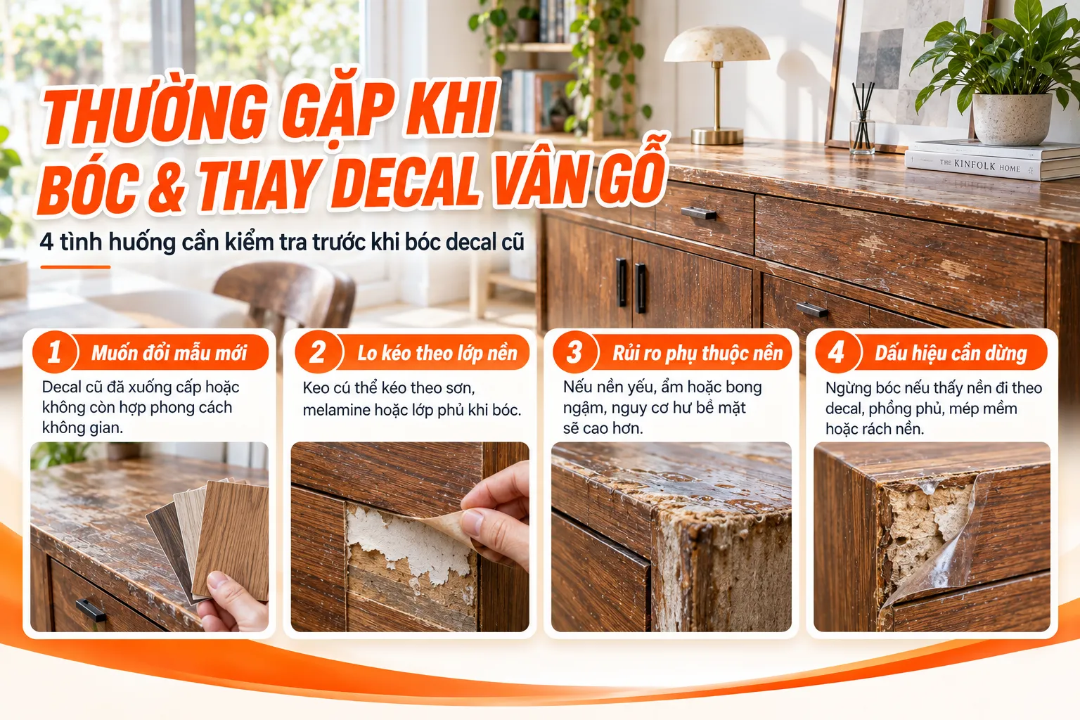 Các tình huống cần kiểm tra trước khi bóc và thay decal vân gỗ trên tủ cũ