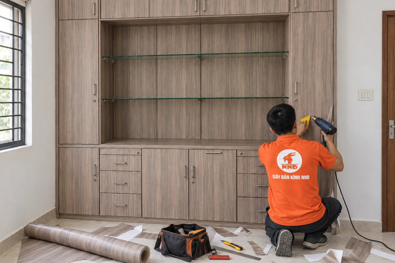 Thợ NND thi công decal vân gỗ lên kệ để đồ cũ bằng gạt và dụng cụ gia nhiệt