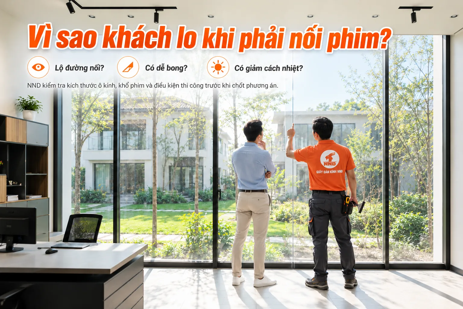 NND tư vấn khách hàng về vị trí nối phim trên cửa kính lớn