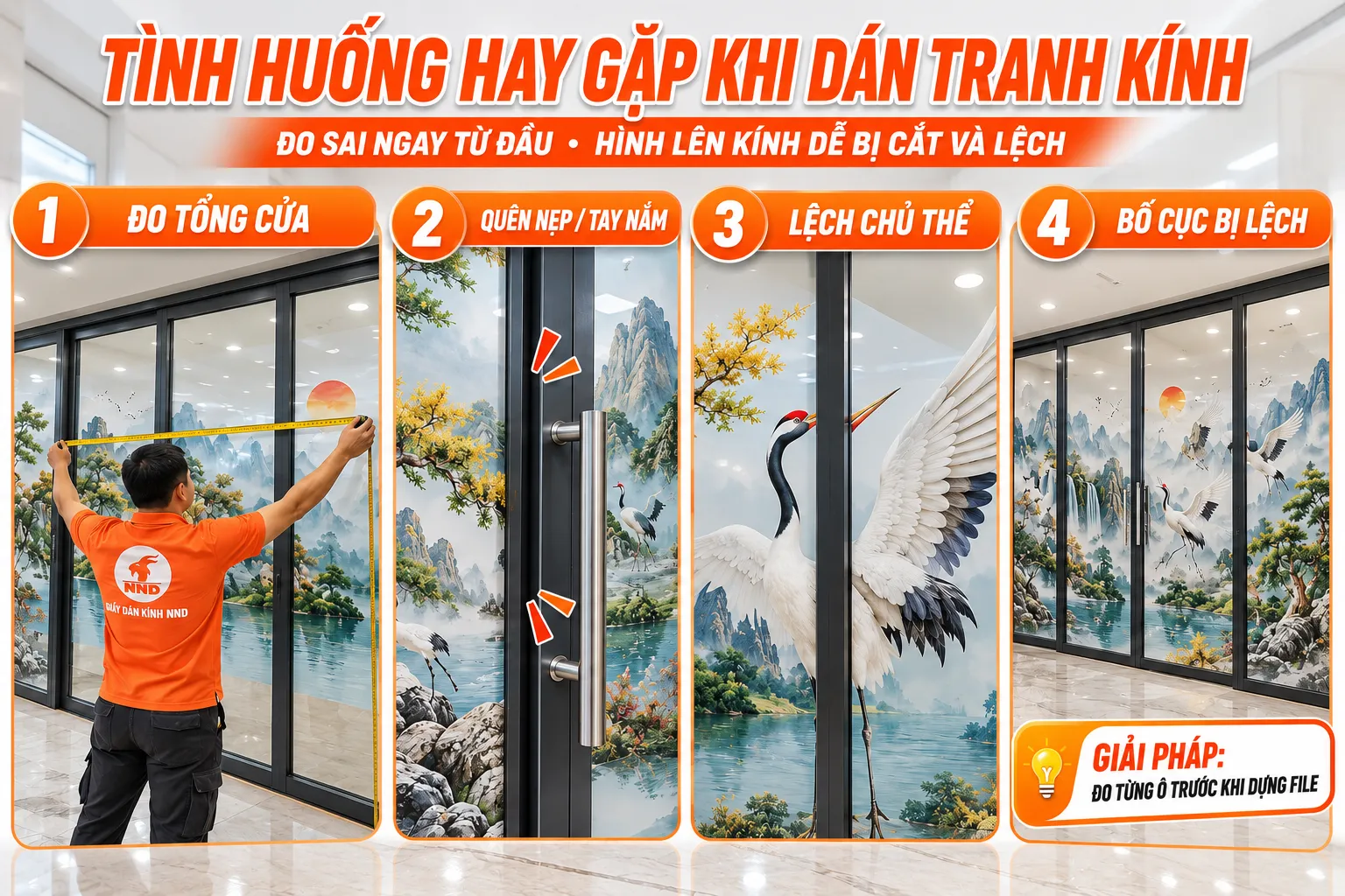 Các lỗi thường gặp khi chia tranh dán kính 3D nhiều ô như đo tổng cửa quên nẹp tay nắm và lệch chủ thể