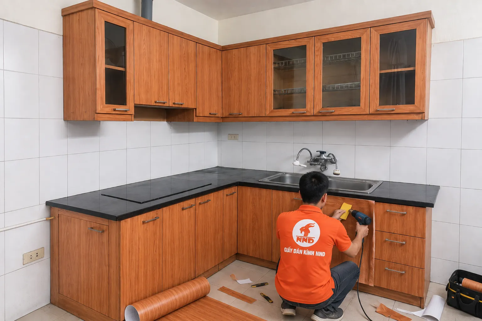 Thợ NND thi công decal vân gỗ lên tủ bếp cũ để làm mới bề mặt