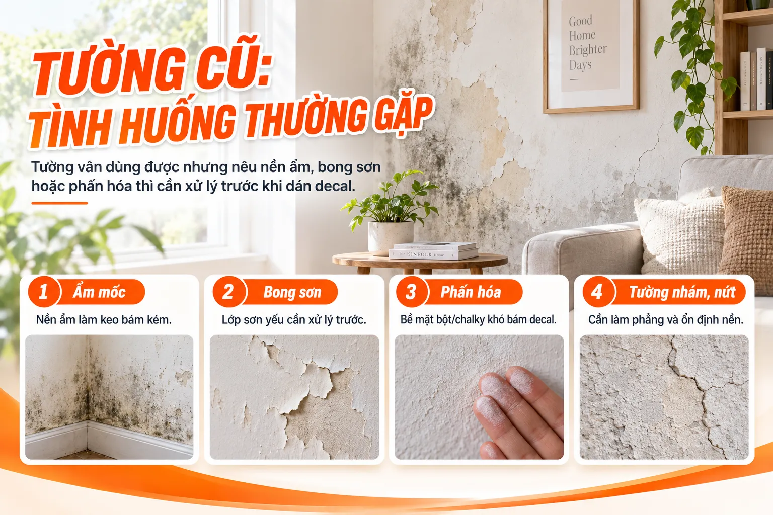Các tình trạng tường ẩm mốc bong sơn phấn hóa và nứt cần xử lý trước khi dán decal vân gỗ