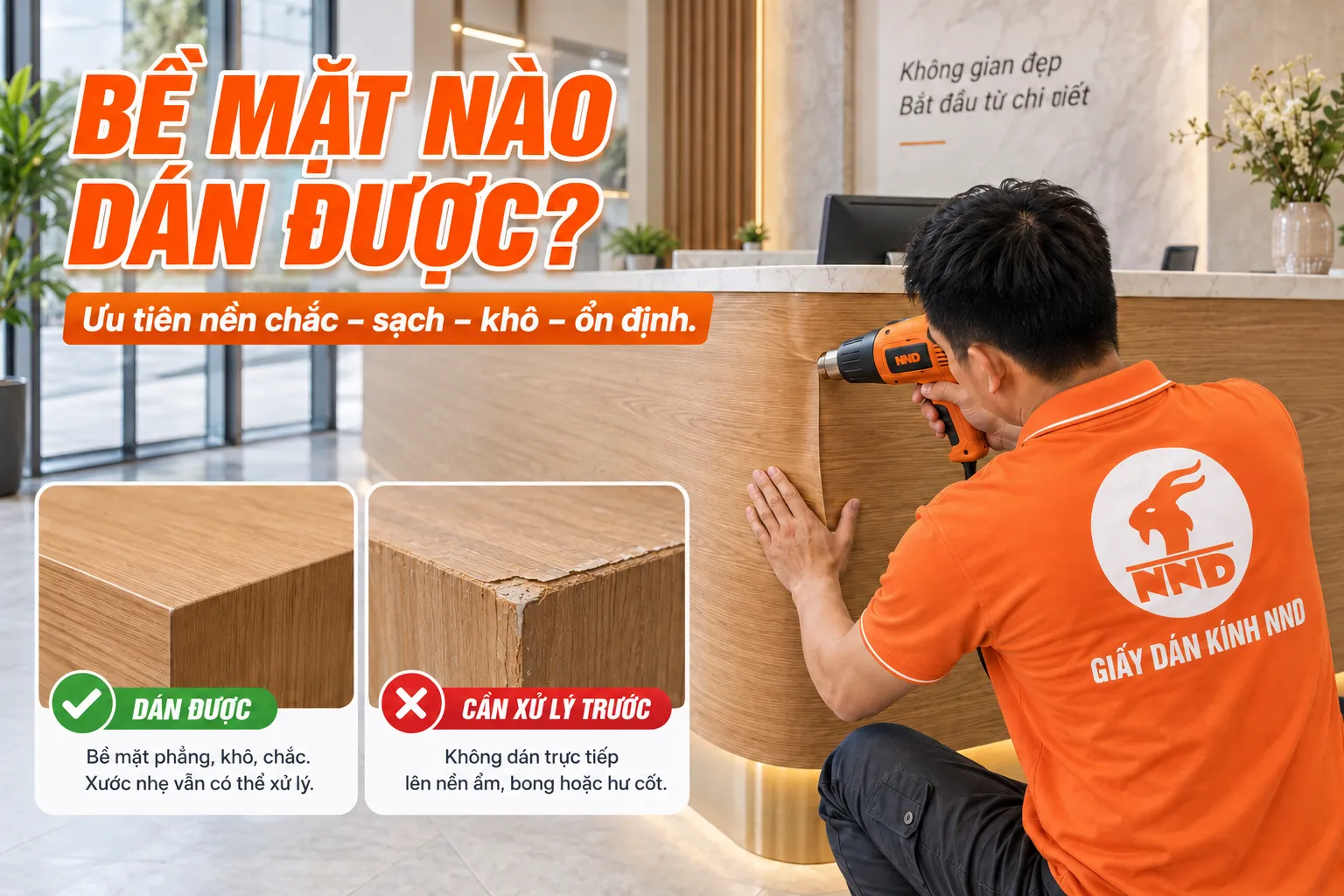 Kỹ thuật viên NND kiểm tra bề mặt nội thất trước khi dán decal vân gỗ