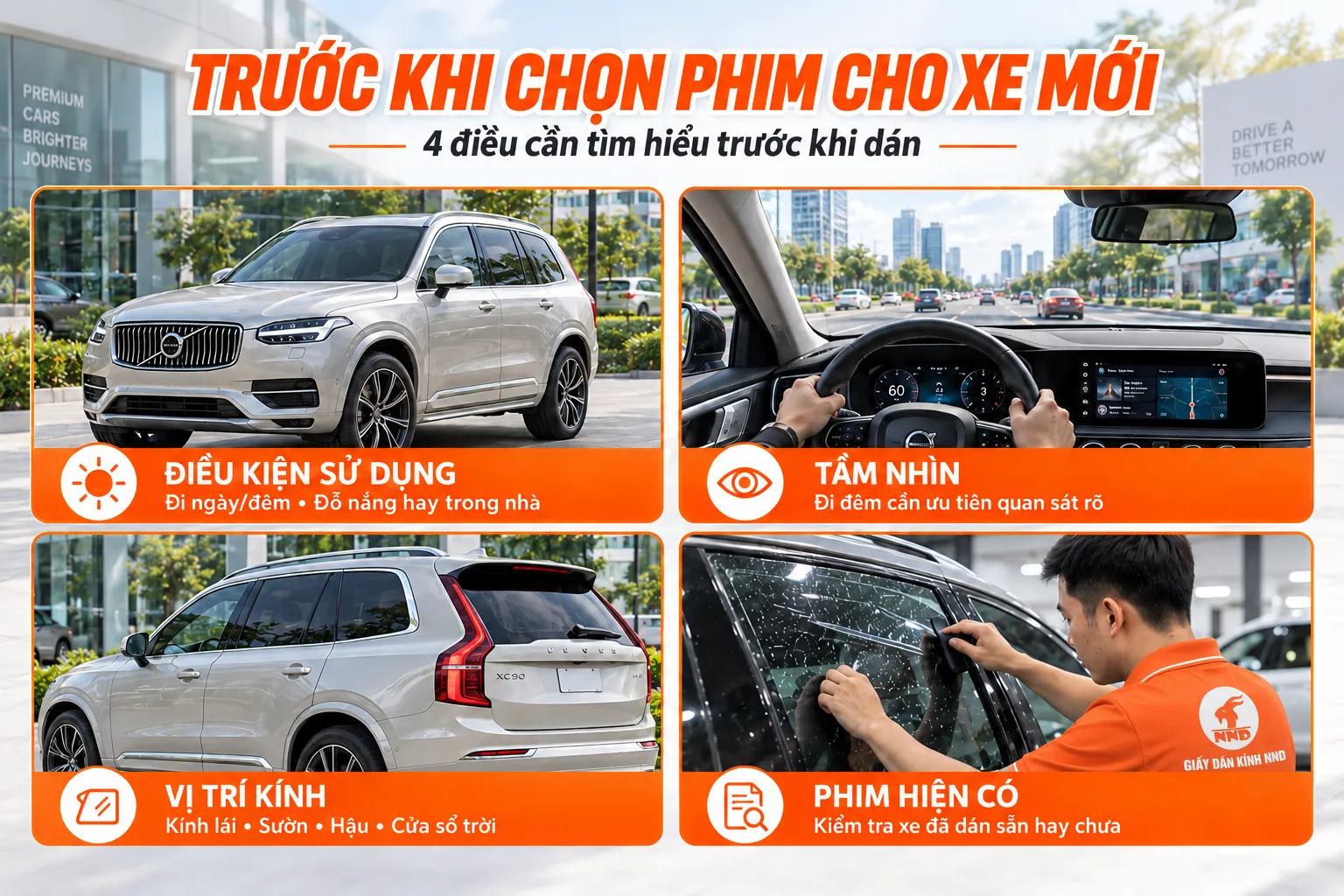 Bốn yếu tố cần tìm hiểu trước khi chọn phim cách nhiệt cho xe mới gồm điều kiện sử dụng, tầm nhìn, vị trí kính và phim hiện có