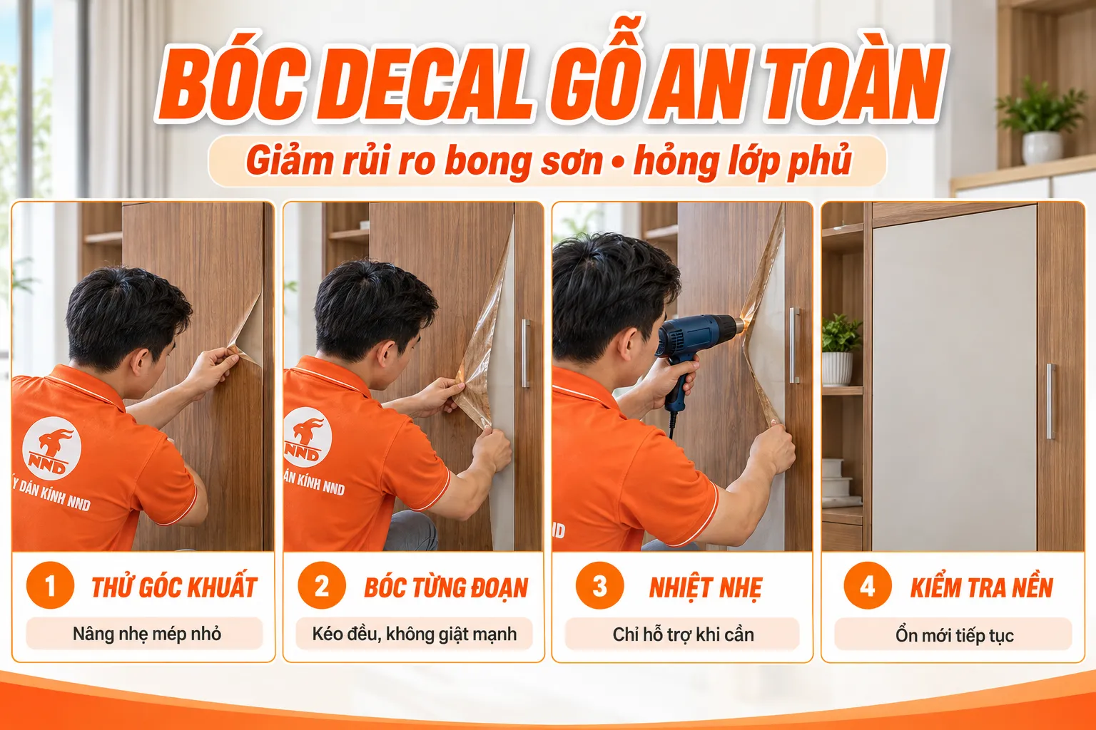 Quy trình bóc decal vân gỗ an toàn gồm thử góc khuất bóc từng đoạn và dùng nhiệt nhẹ khi cần