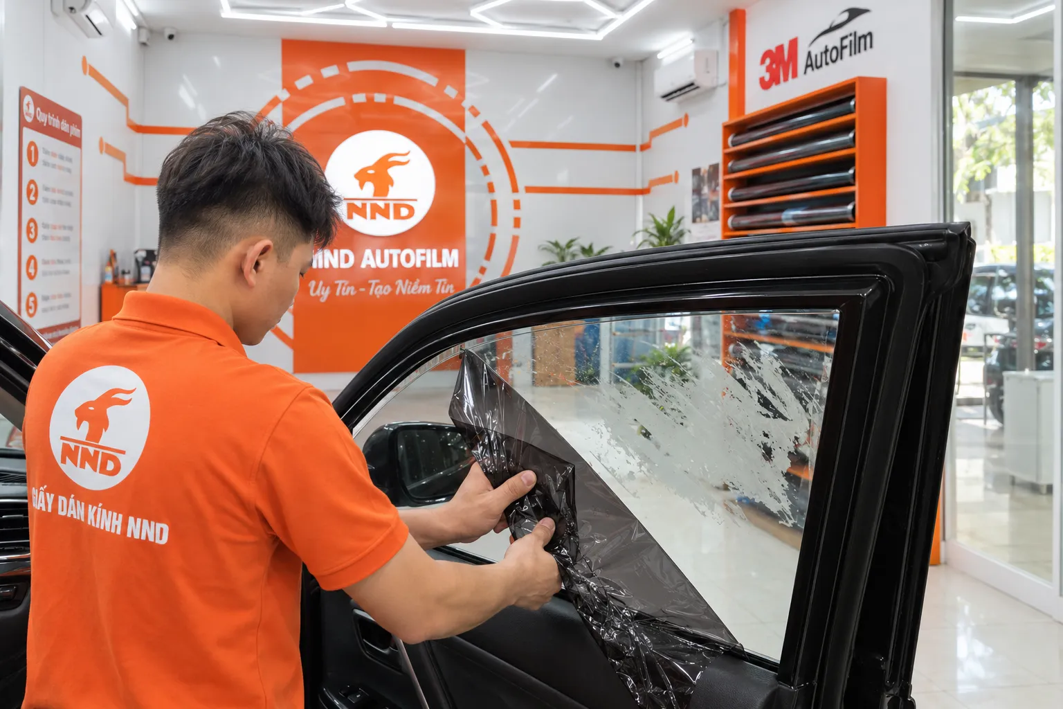 Kỹ thuật viên NND bóc lớp phim cách nhiệt cũ trên kính sườn ô tô