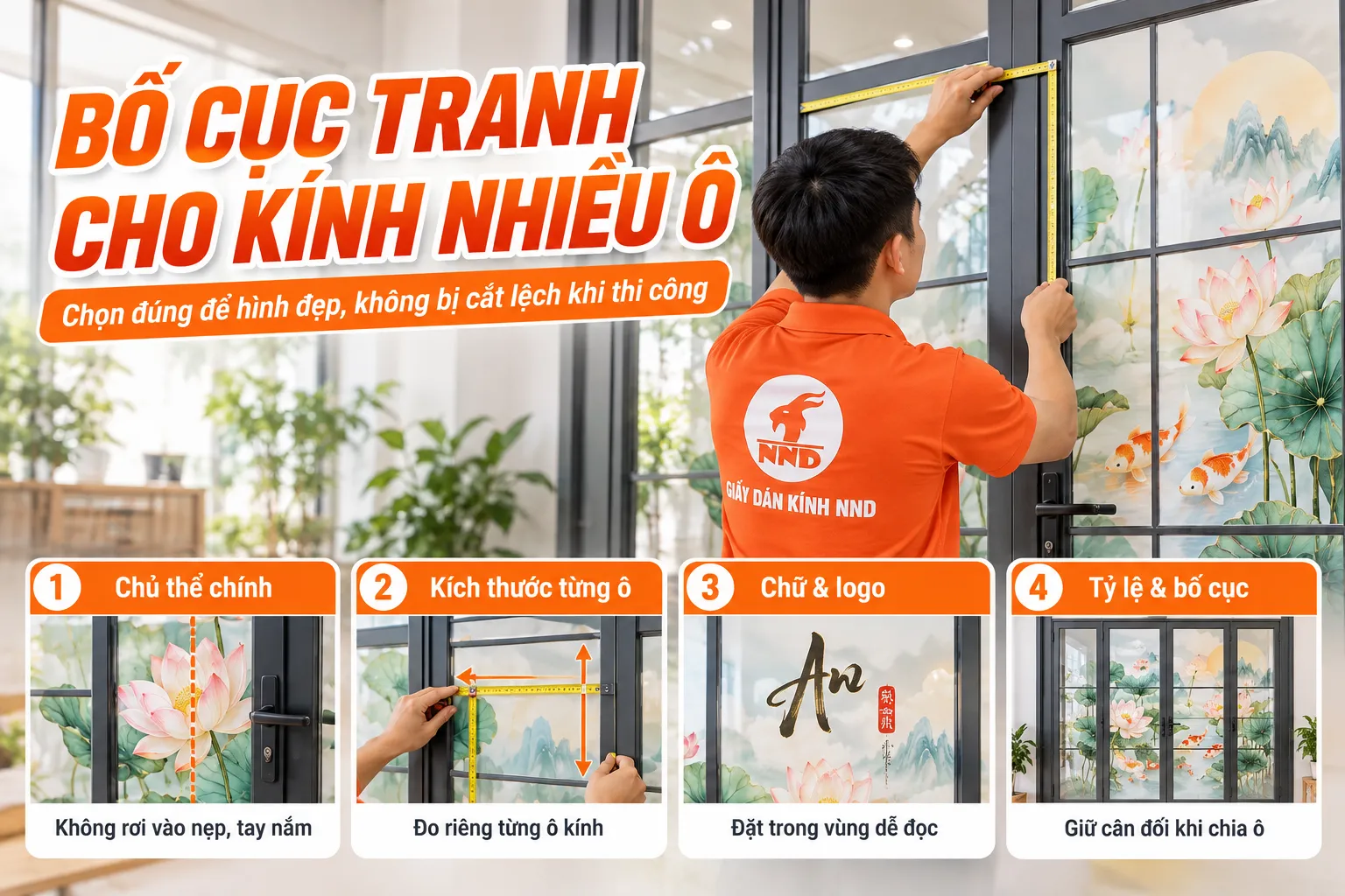 Các tiêu chí chọn bố cục tranh dán kính 3D cho kính nhiều ô gồm chủ thể kích thước chữ logo và tỷ lệ