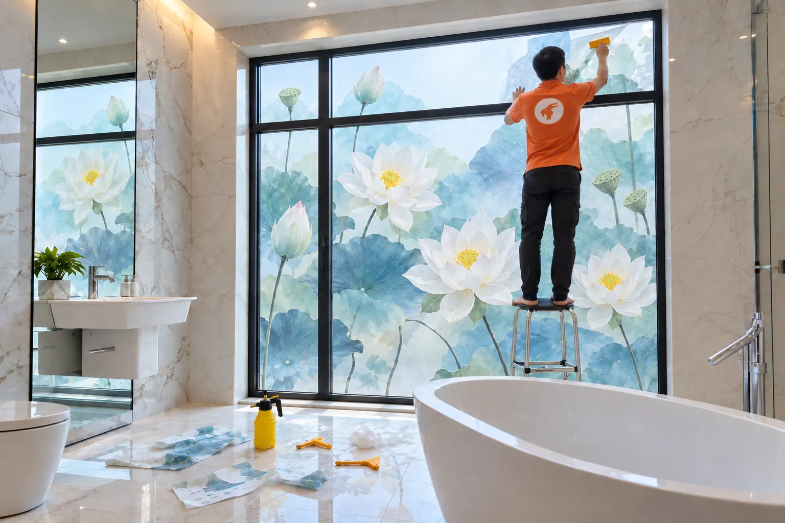 Thợ NND thi công tranh dán kính 3D hoa sen cho phòng tắm