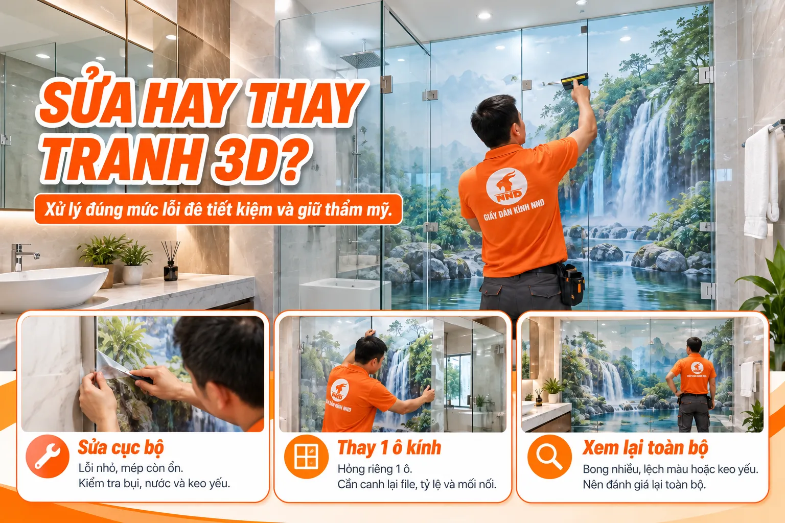 Thợ NND kiểm tra sửa chữa hoặc thay tranh dán kính 3D bị lỗi