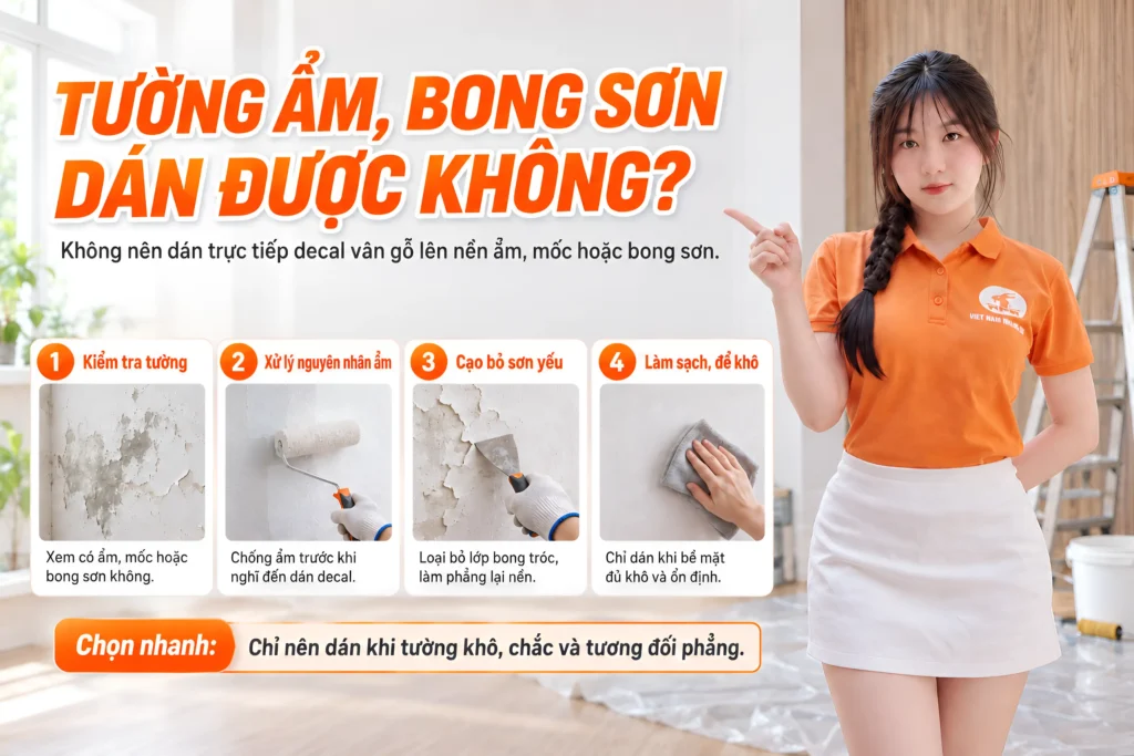Các bước kiểm tra xử lý ẩm bong sơn và làm sạch tường trước khi dán decal vân gỗ