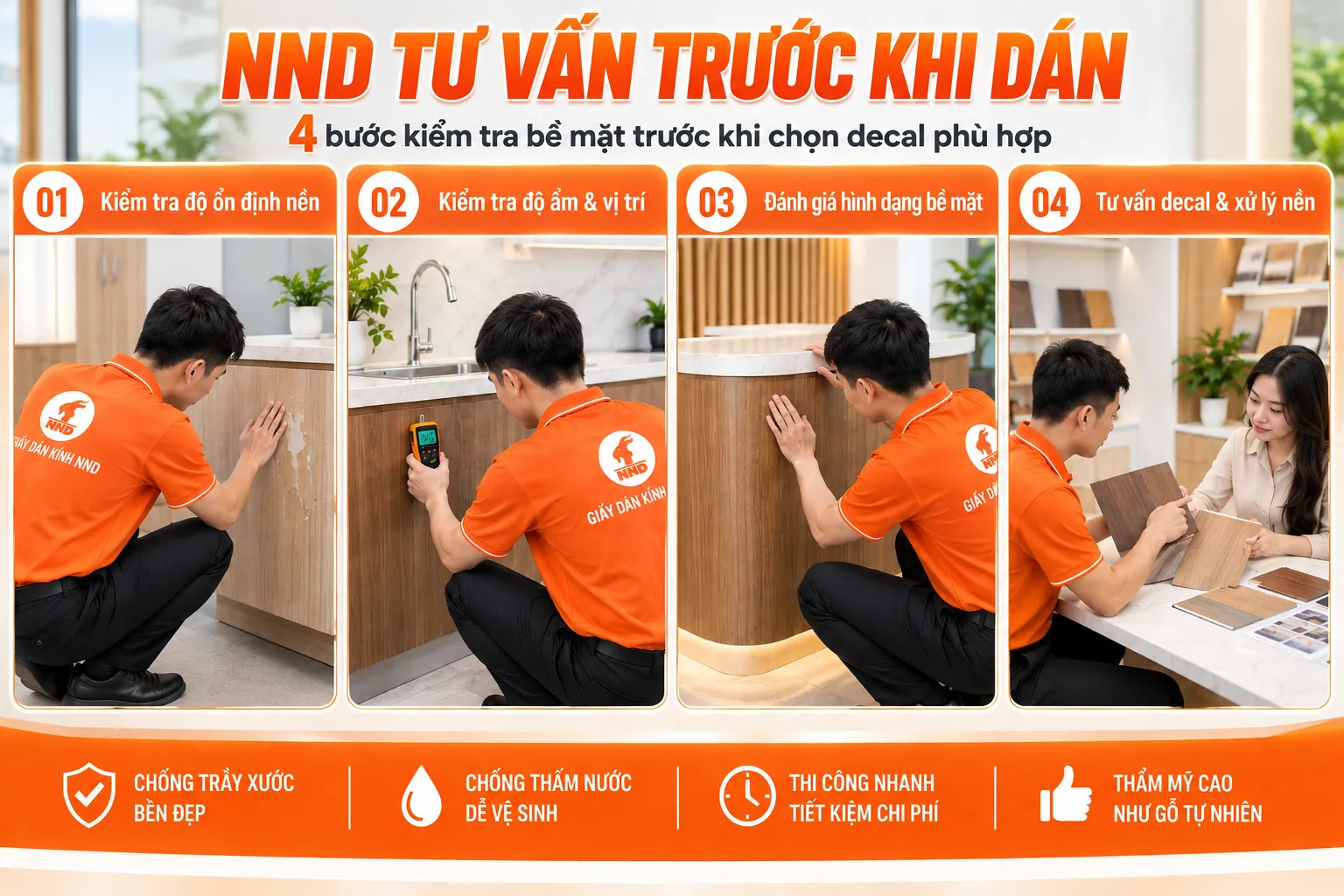 Quy trình NND kiểm tra độ ổn định độ ẩm và hình dạng bề mặt trước khi chọn decal vân gỗ