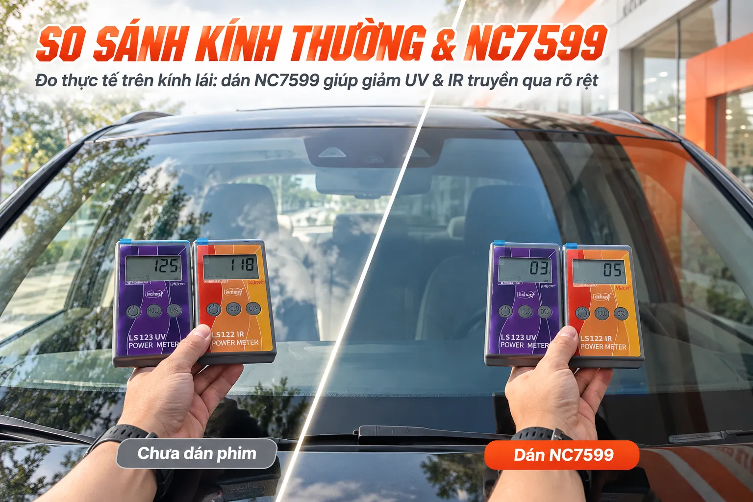 So sánh kính lái chưa dán phim và kính dán NC7599 bằng máy đo UV và IR